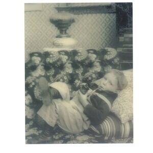 Portrait Child With Pipe Humor Reprint 3d 3-d Photograph BW Vintage‎ Couch